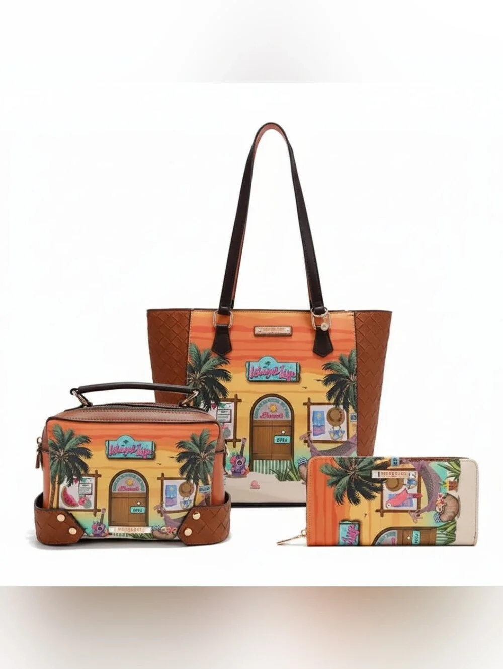 Nicole Lee 3 Piece Set Sun and Sand Matching Wallet Crossbody Shoulder Bag Purse
